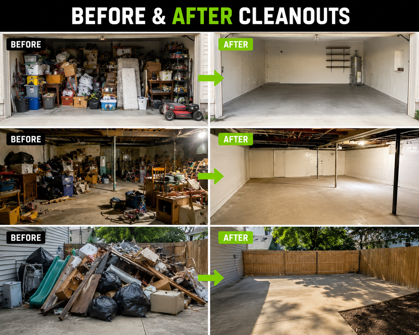 Before and after cleanouts by Uproot Junk Removal — garage, basement, and yard transformations.