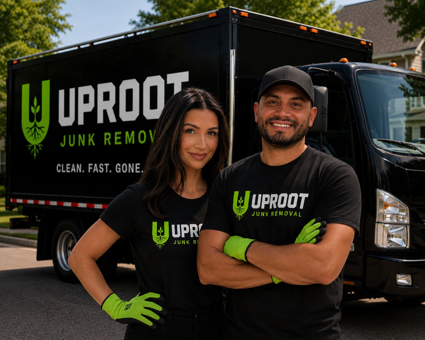 Uproot Junk Removal owners standing in front of their black box truck